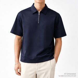 Sandro Navy Zip Polo Shirt M Minimal Luxury Boxy Fit